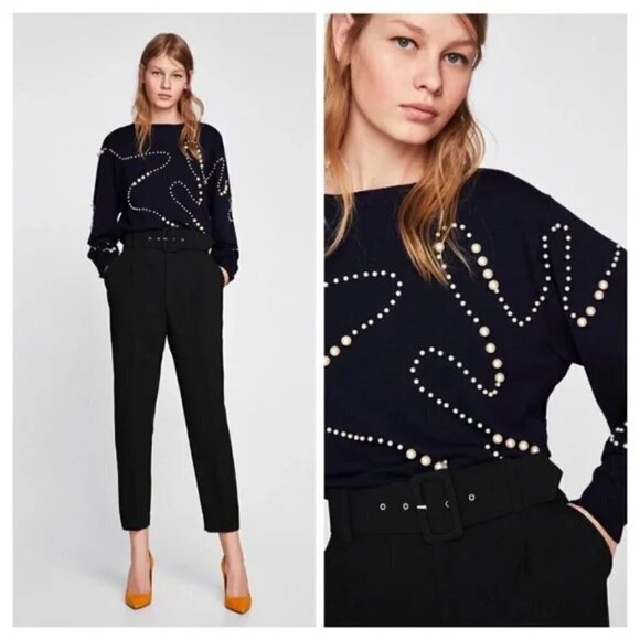 Zara Knit Black Sweater with Unique Pearl Design / Accent, Size L - Picture 1 of 10